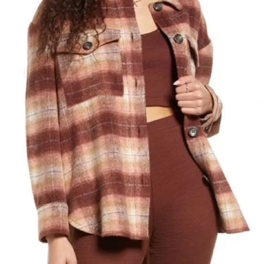 BP Size M Plaid Shacket in Brown and Cream